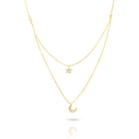 Star and moon necklace in Italian 10k yellow gold with zirconia