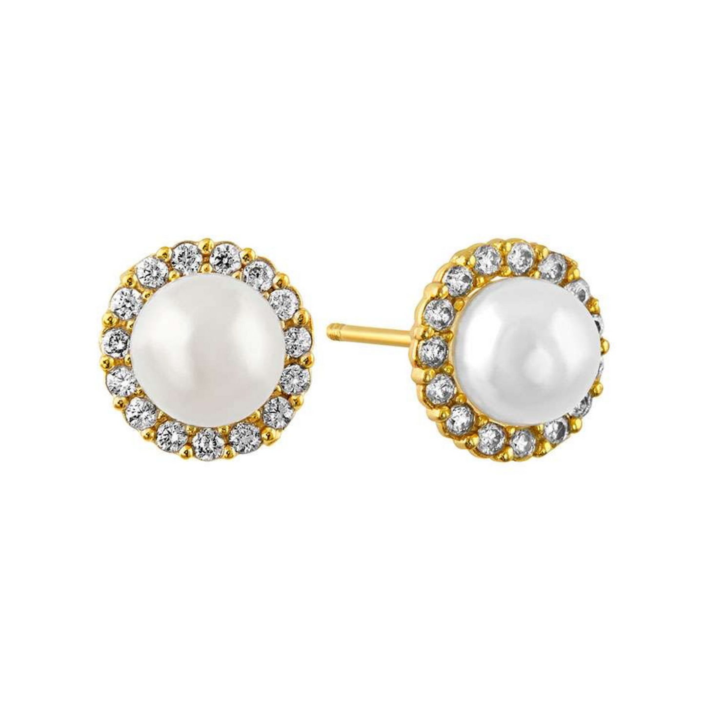 10k yellow gold pave bezel studs with pearl with zircons Code: 14280 6.5mm