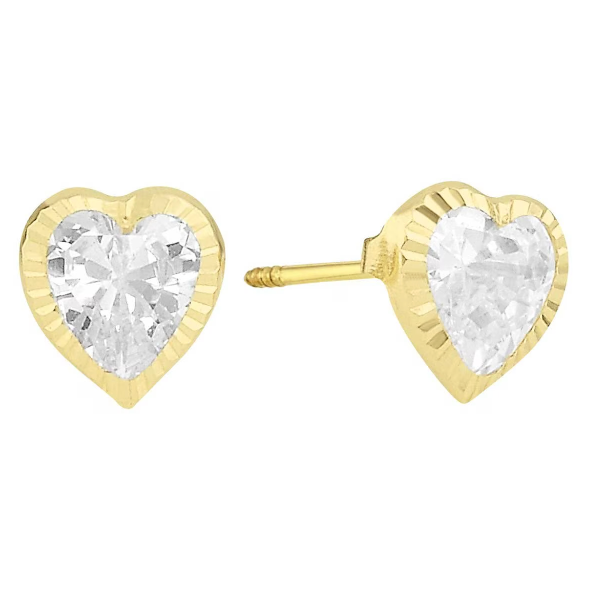 Broqueles corazón recto bisel 4x4 diamantado en oro 14k amarillo con circonia Cod: 14307