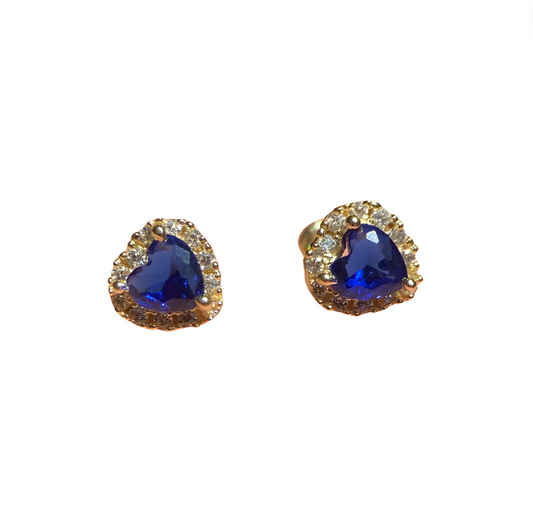 Heart studs with blue stone in 10k yellow gold with zircons Code: 14276 6mm