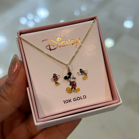 Mickey &amp; Minnie Necklace and Studs Duo in 10k Yellow Gold Enameled Disney®️