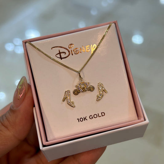 Cinderella Necklace and Studs Duo in 10k Yellow Gold with White Zirconias Disney®️