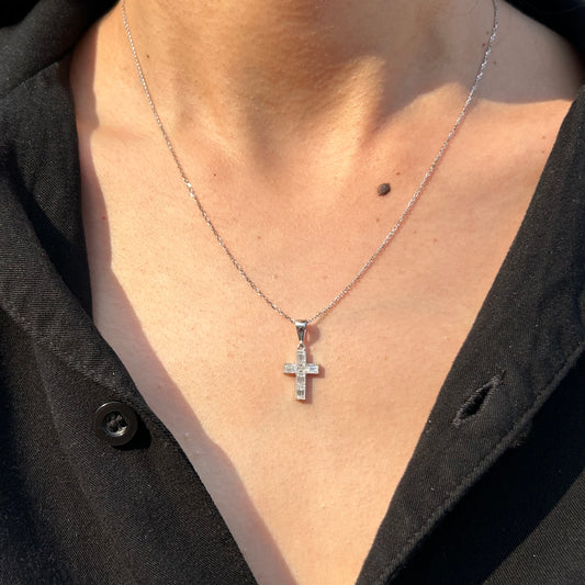 Italian 10k white gold cross necklace with zirconia