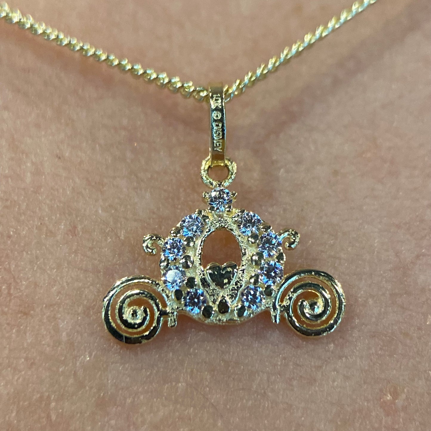 Carriage Necklace with white zirconias embedded in 10k yellow gold Disney®️