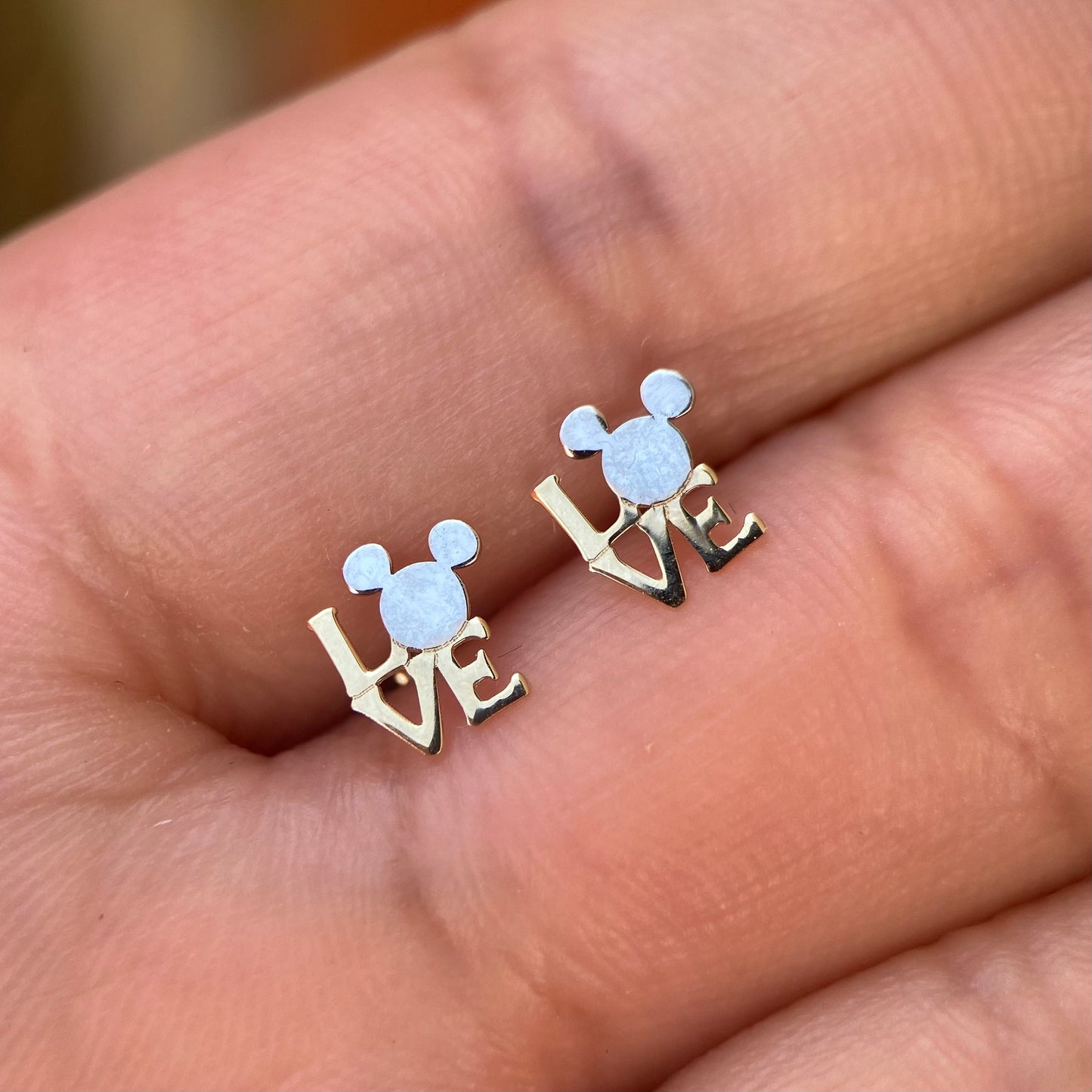 10k white and yellow gold Mickey love studs with zircons Disney®️