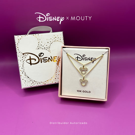 Dúo Collar Silueta Minnie & Mickey con circonias incrustadas en oro amarillo 10k Disney®️