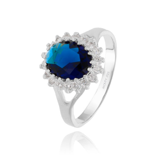 Anillo Renata en plata con baño de rodio con circonia azul (Lady Di)