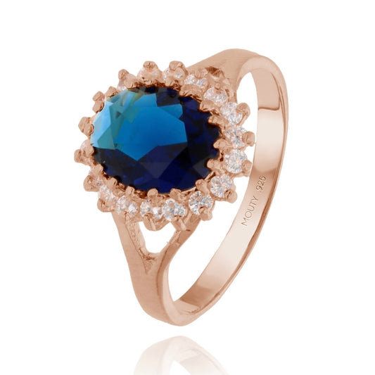 Renata ring in rose gold-plated silver with blue zirconia (Lady Di)