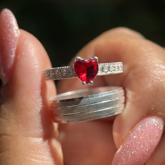 Ethan-Fanny Ring Duo in Silver with Red Zirconia