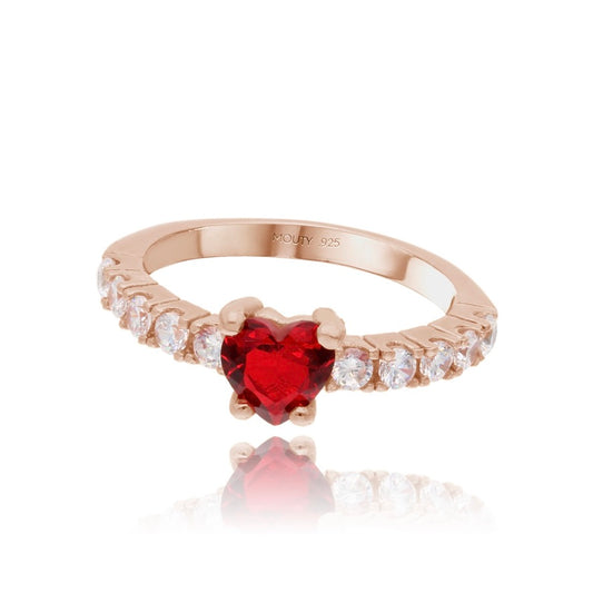 Anillo Amour en Plata en Baño de Oro Rosa con Circonia Roja